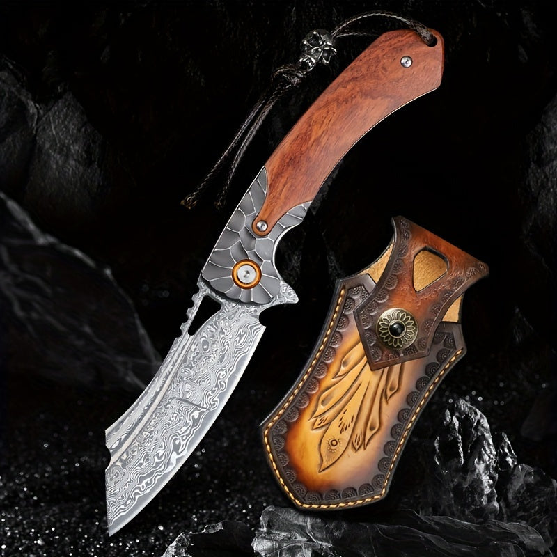 1PC Handmade High Quality Damascus Steel Pocket Knife, High Hardness Sharp Blade, Men's Folding Knife With Leather Sheath, Liner Lock, Red Sourwood Handle, Pocket Clip, EDC Outdoor Camping, Mountaineering Travel Carrying Tool