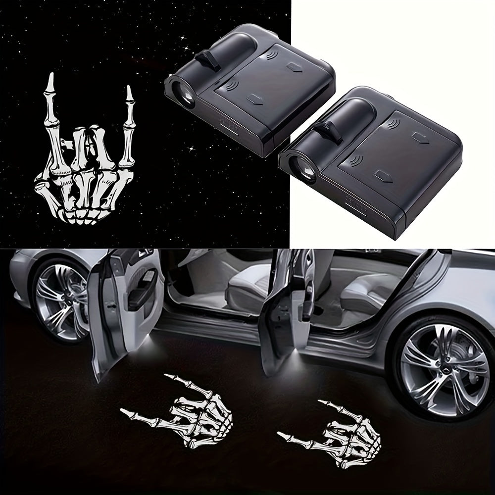 Arm Skull Finger Pattern Car Door Welcome Projector LED Shadow Light, Arm Skull Finger Car Accessories, Arm Skull Finger Gifts, Skull Skeleton Bone Middle Finger, Car Welcome Lights, Christmas Car Decoration, Suitable for All