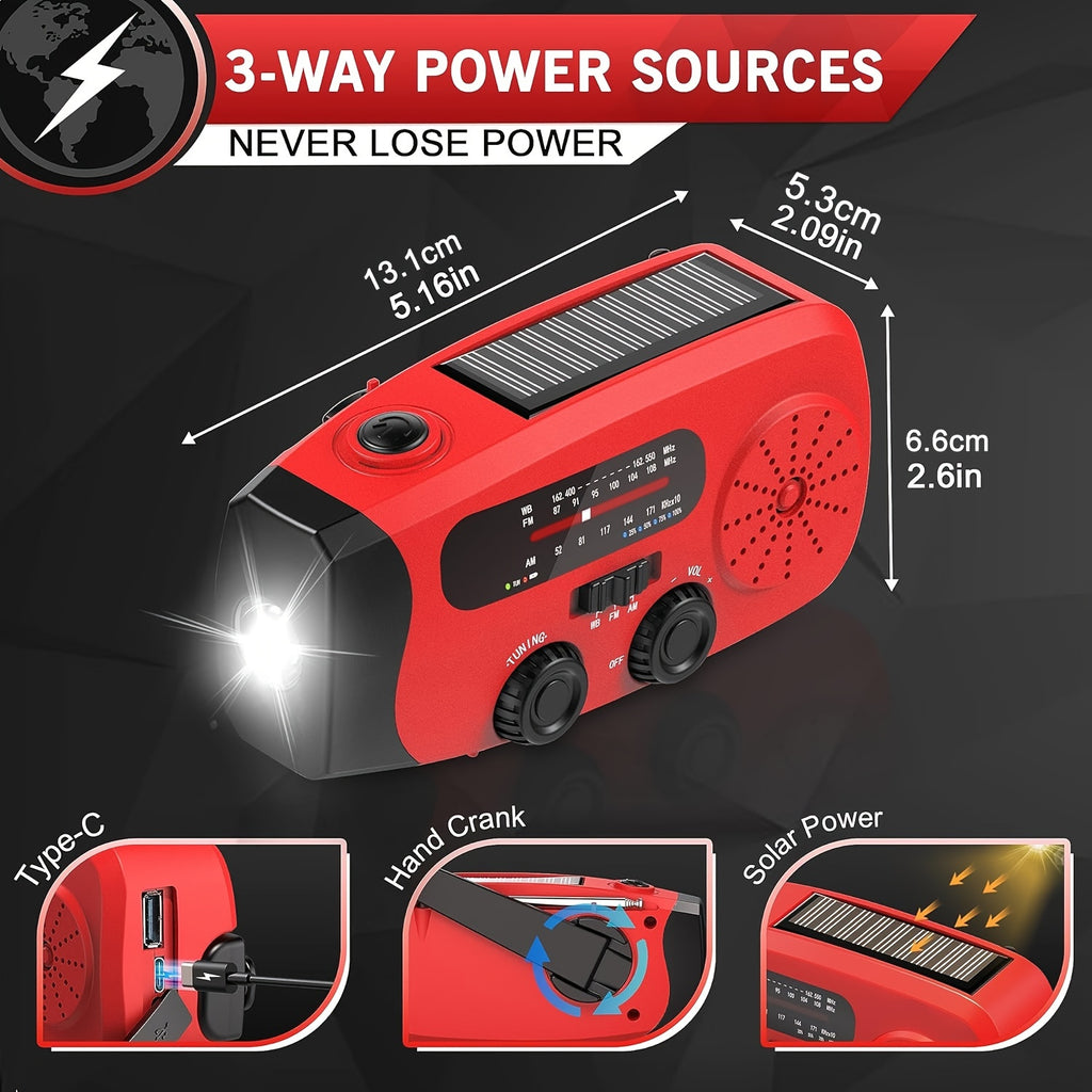 Emergency Radio: Solar-Powered, Power Bank, Hand Crank, AM/FM NOAA Portable Weather Radio, 2000 MAh Mobile Power, USB Charging, Solar, With LED Flashlight, Hurricane, Survival Gear