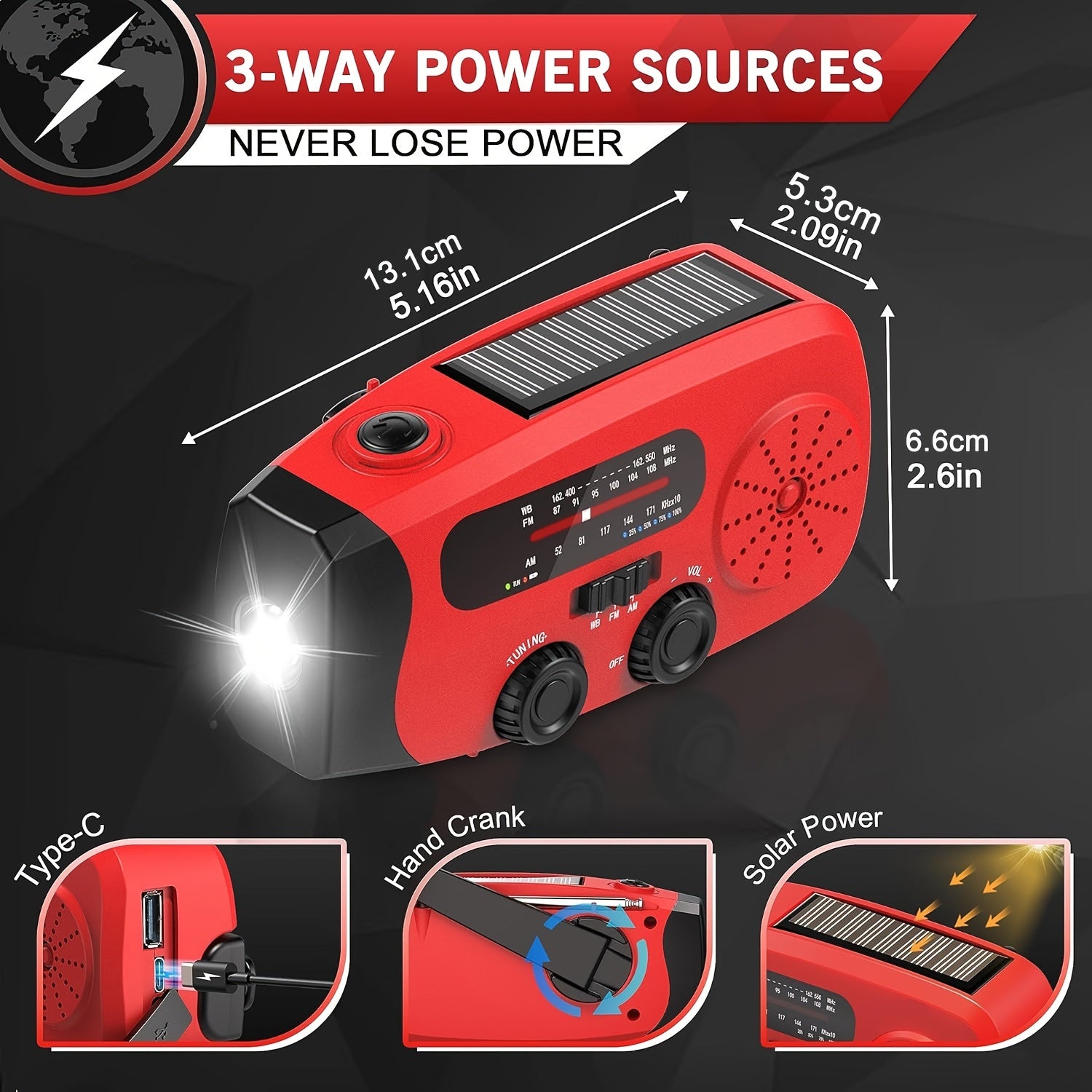 Emergency Radio: Solar-Powered, Power Bank, Hand Crank, AM/FM NOAA Portable Weather Radio, 2000 MAh Mobile Power, USB Charging, Solar, With LED Flashlight, Hurricane, Survival Gear