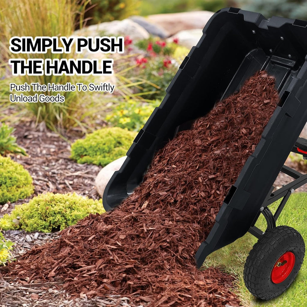 800 Lbs Heavy Duty Garden Dump Cart with Steel Frame & 10" All-Terrain Tires - 4-Wheel Manual Yard Cart, 180° Rotating Handle & Quick-Release System for Soil, Sand, Plants, Mulch, Gravel - Ideal for Farm, Beach, Courtyard Us