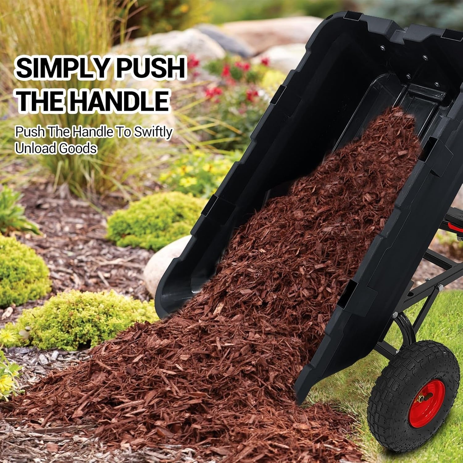 800 Lbs Heavy Duty Garden Dump Cart with Steel Frame & 10" All-Terrain Tires - 4-Wheel Manual Yard Cart, 180° Rotating Handle & Quick-Release System for Soil, Sand, Plants, Mulch, Gravel - Ideal for Farm, Beach, Courtyard Us