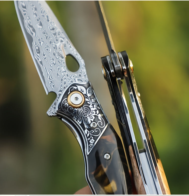 Elite Damascus Steel Pocket Knife - High-Carbon, Razor-Sharp, Ergonomic Maple Handle, Premium Sheath, Ultimate Camping, Survival, Mountaineering, Hiking, Fishing, EDC Companion for Men and Women