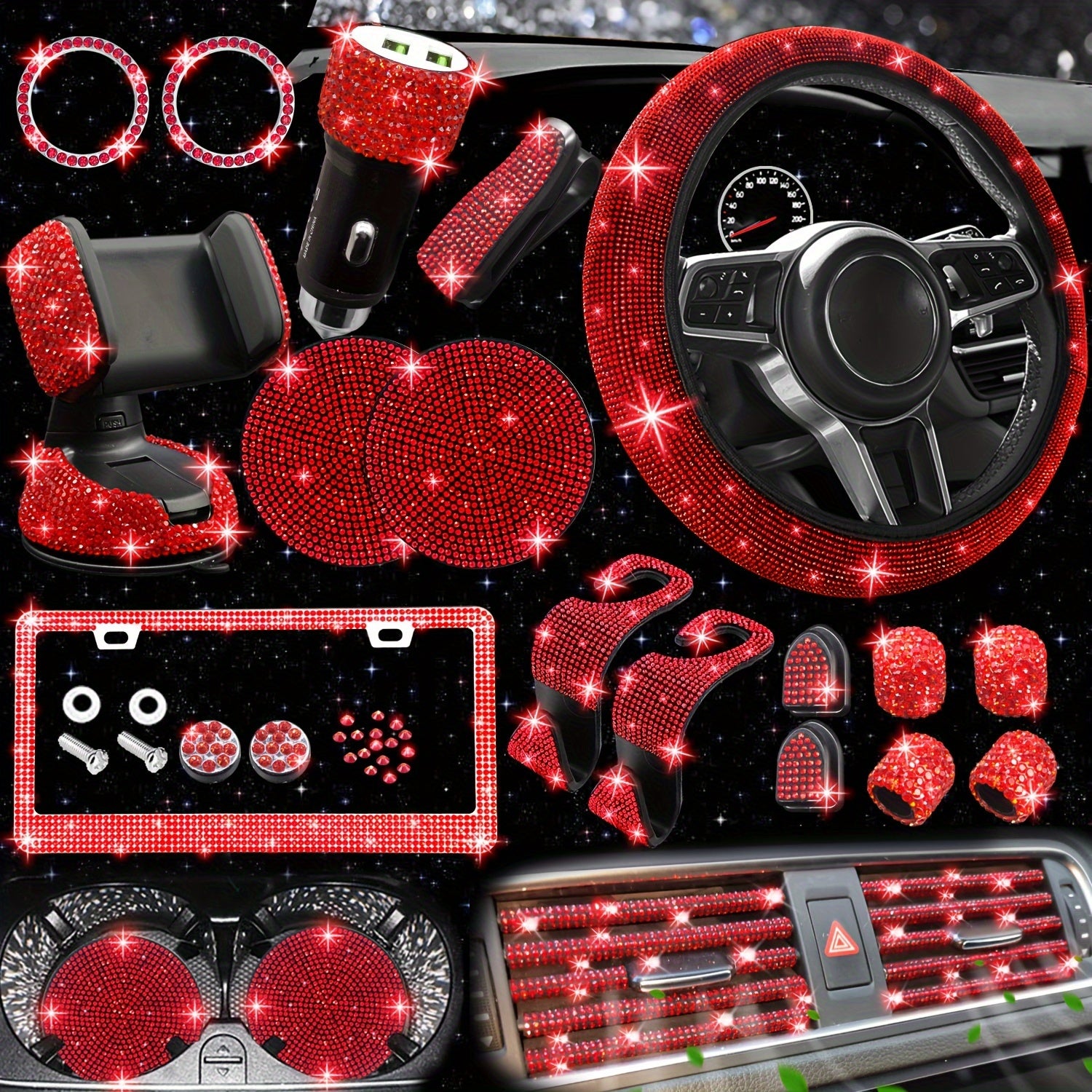 27pcs Bling Car Accessories Set for Women, Bling Steering Wheel Covers Universal Fit 15 Inch, Bling License Plate Frame, Bling Car Phone Holder, Bling Car Coasters, Bling Car Fast Charger, Bling Valve Caps