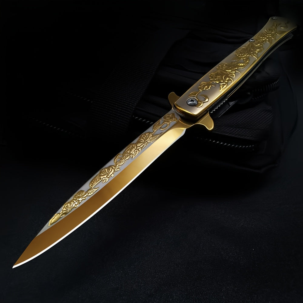 Taumas Golden-Tone Pocket Knife with Rose Engraving, Foldable Design & Back Clip - Perfect Gift for Men