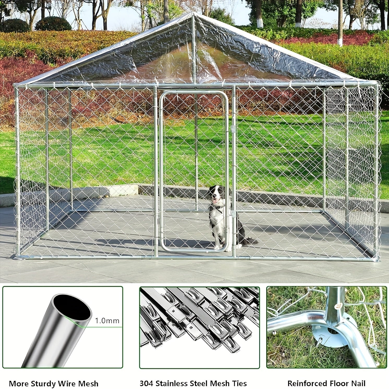 Dog Kennel Outdoor Large Dog House Outside with Waterproof Canopy, Heavy Duty Dog Playpen Galvanized Anti-Rust Dog Cage for Farm Backyard Garden (118'' L x 118'' W x 83'' H)