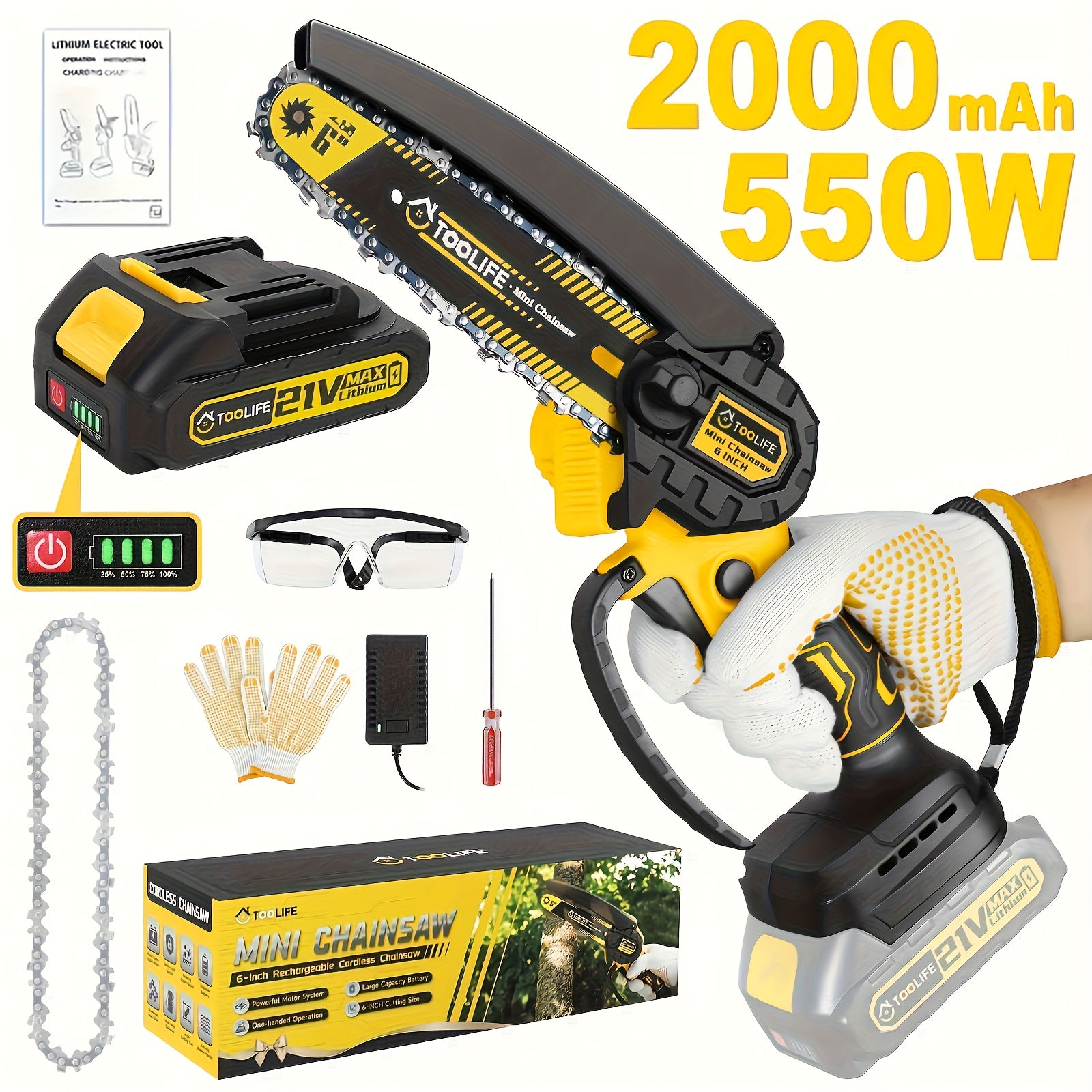 Mini Chainsaw Cordless, 6/12 Inch Handheld Electric Portable Power Chainsaw, 2 Rechargeable Batteries And Toolbox, Tree Trimming Wood Working & Cutting. Courtyard, Household, Survival Outdoor Tools. Gardening Supplies & Equip