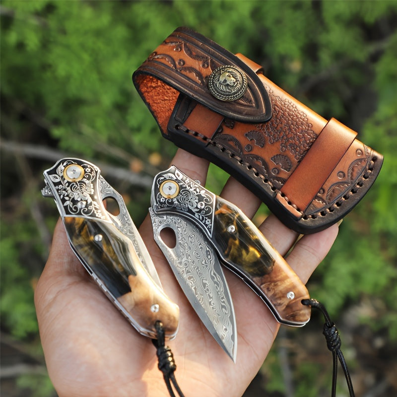 Elite Damascus Steel Pocket Knife - High-Carbon, Razor-Sharp, Ergonomic Maple Handle, Premium Sheath, Ultimate Camping, Survival, Mountaineering, Hiking, Fishing, EDC Companion for Men and Women