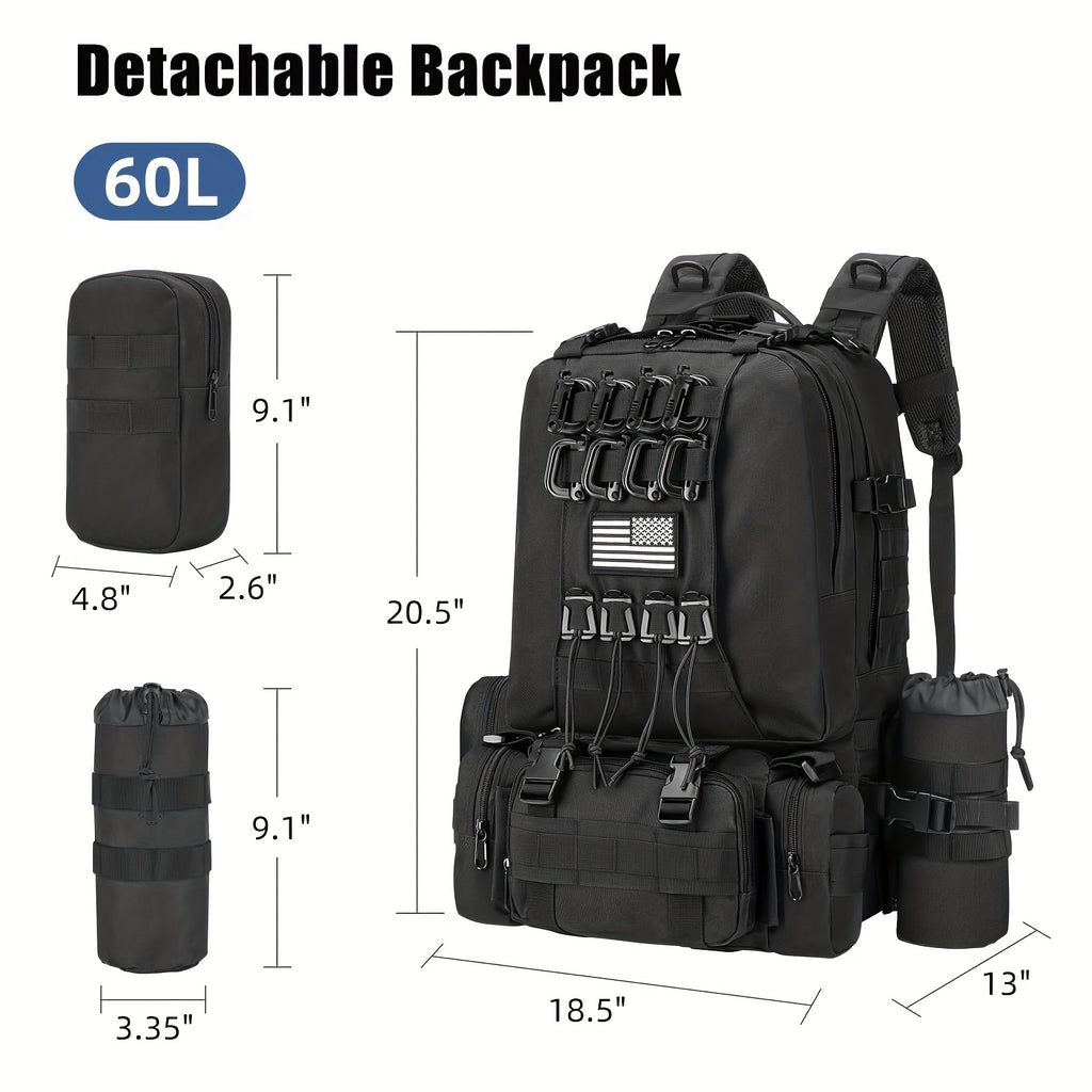 EZshoot 15.85gal Large Outdoor Backpack - High Quality & Scratch-Resistant 900D Oxford, Detachable Hydration Pouch & Crossbody Bag, MOLLE Webbing System with 8 Carabiners & 4 D-Rings, Adjustable Padded Straps for Hunting, Cam