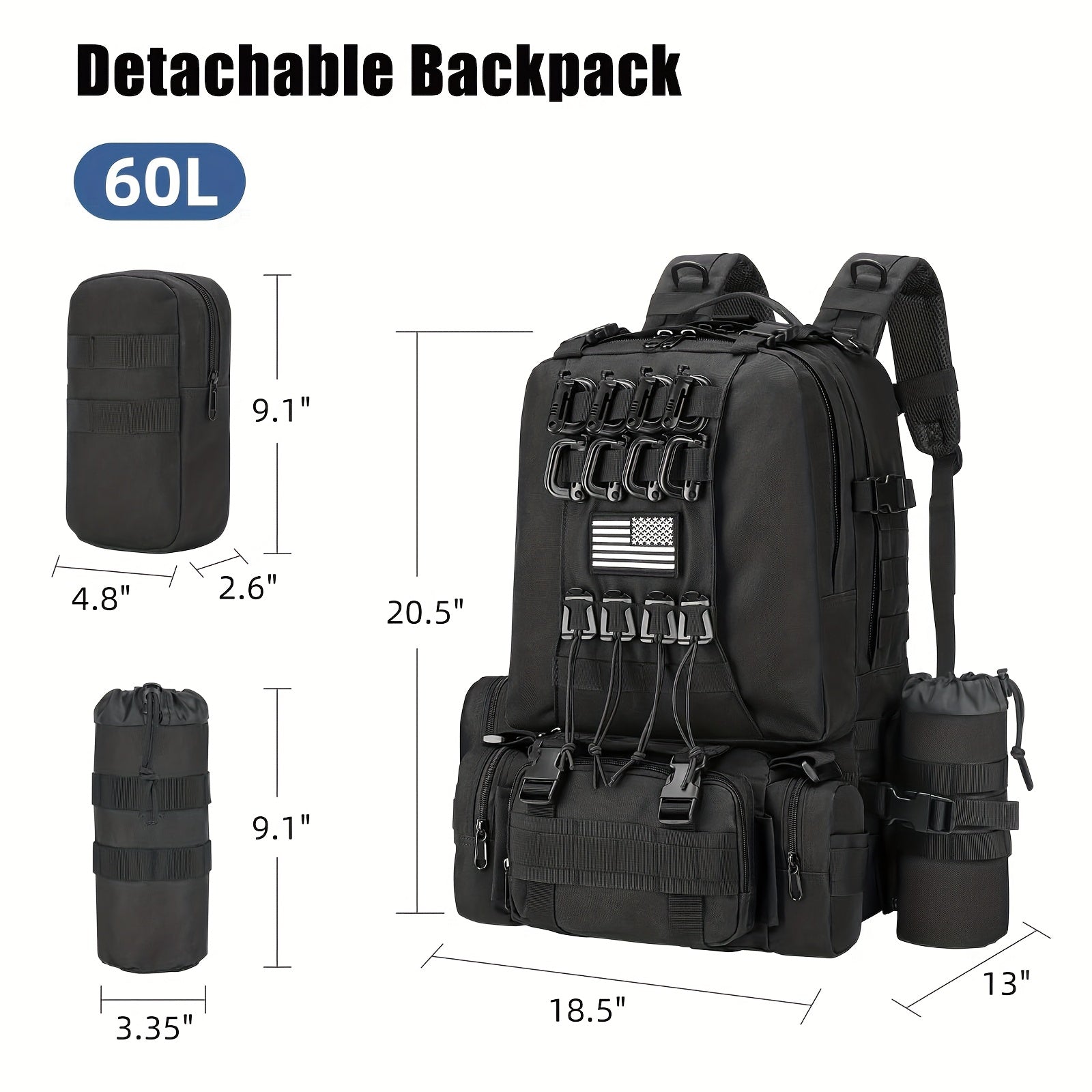 EZshoot 15.85gal Large Outdoor Backpack - High Quality & Scratch-Resistant 900D Oxford, Detachable Hydration Pouch & Crossbody Bag, MOLLE Webbing System with 8 Carabiners & 4 D-Rings, Adjustable Padded Straps for Hunting, Cam