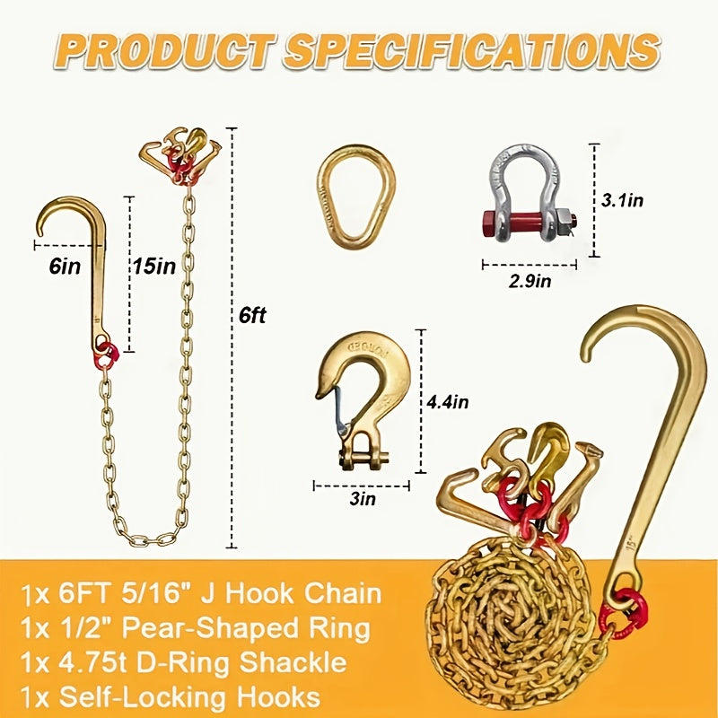 Heavy-Duty 5/16in x 6ft G80 Car Rescue J Hooks Towing Chain - Grab Hooks with 4700lbs WLL, 15in J-Hook, RTJ, Grab & Safety Hook, 5-in-1 V-Bridle Tow Chain for Truck, Farm, Motor Vehicle, Trailer Safety and Recovery