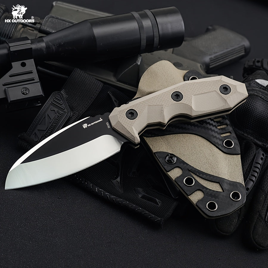 HX Outdoors Hand-Forged Survival Knife - Full-Tang Blade, Sharp Multi-Functional Outdoor Straight Knife with Black Sheath-like Keel, Heavy-Duty for Camping, Hunting, Fishing, Bushcraft & Kitchen Use - Compact Portable Fixed B