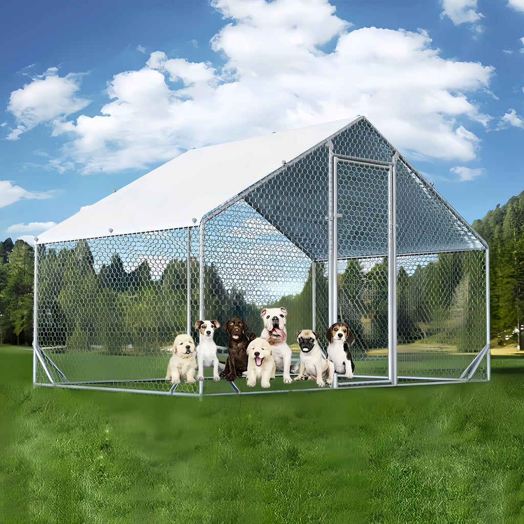 Large Metal Dog Cage & Chicken Coop with Walk-In Access, Spire Roof & Anti-UV Cover - Durable Outdoor Poultry Pen for Backyard Farm, Small Animals, Dogs - Weather-Resistant Design, Weatherproof Construction, Chicken Coop Acce
