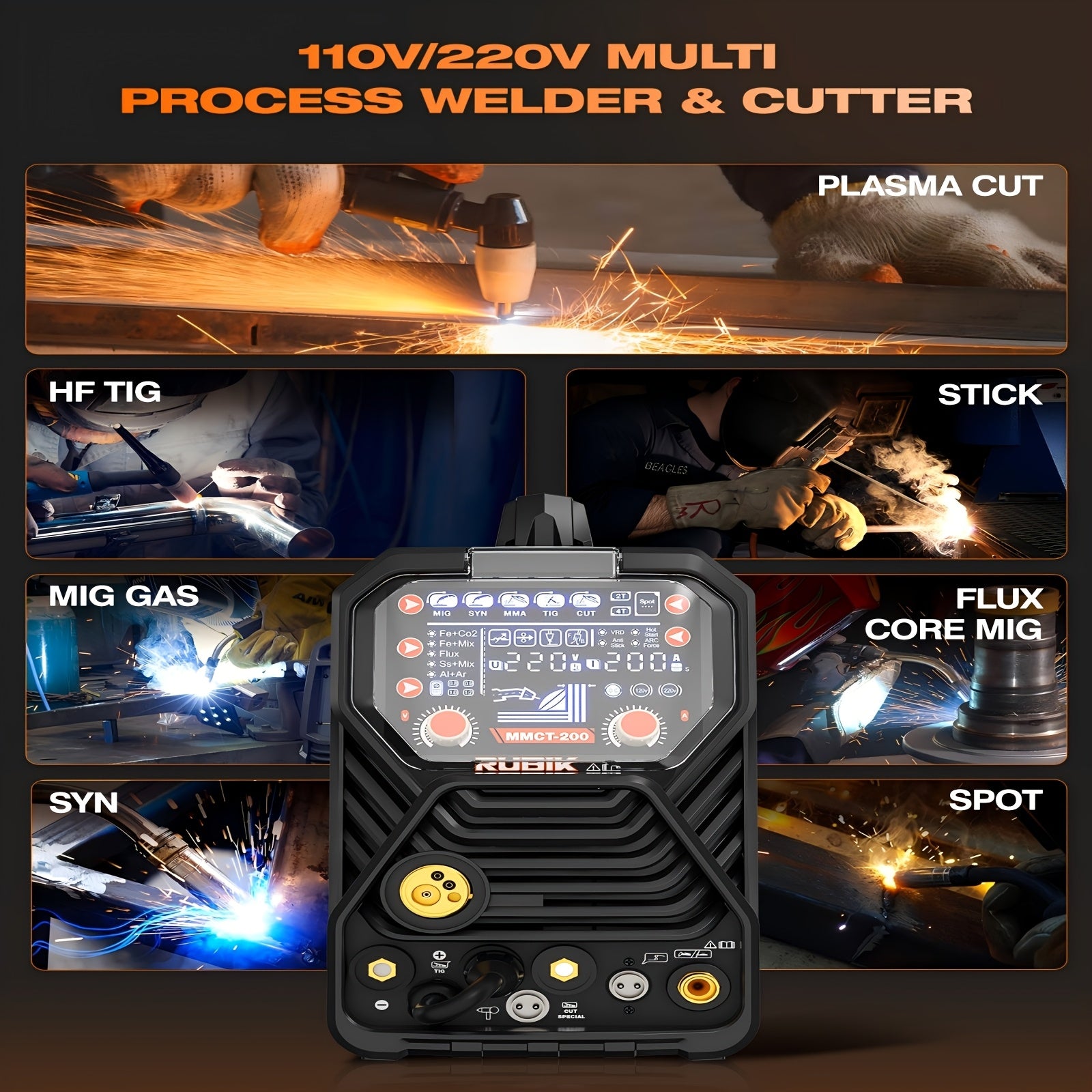 Multi-Process Welder-200A 7-in-1 Welding Machine Combination (incl. High Frequency TIG/Gas MIG/Fusion Core MIG/Stick/Plasma Cutting/SYN/Spot/VRD Welding), 110/220V Dual Voltage Aluminum Welding Machine