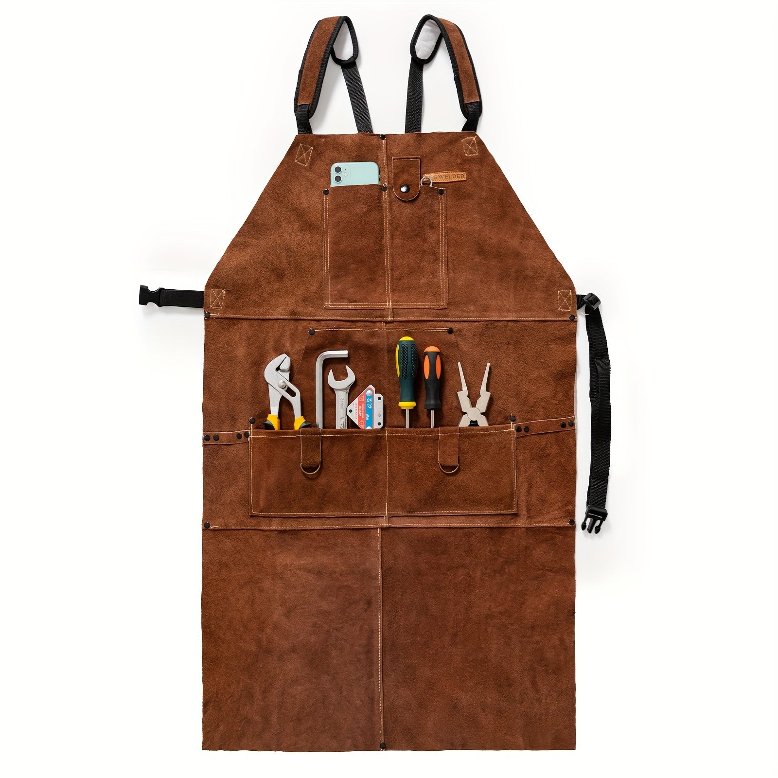 YESWELDER Leather Welding Work Shop Apron With 6 Pockets Heat Flame Resistant Cowhide Welder Apron Heavy Duty Blacksmith Aprons Adjustable For Welders Men Women Length 41"