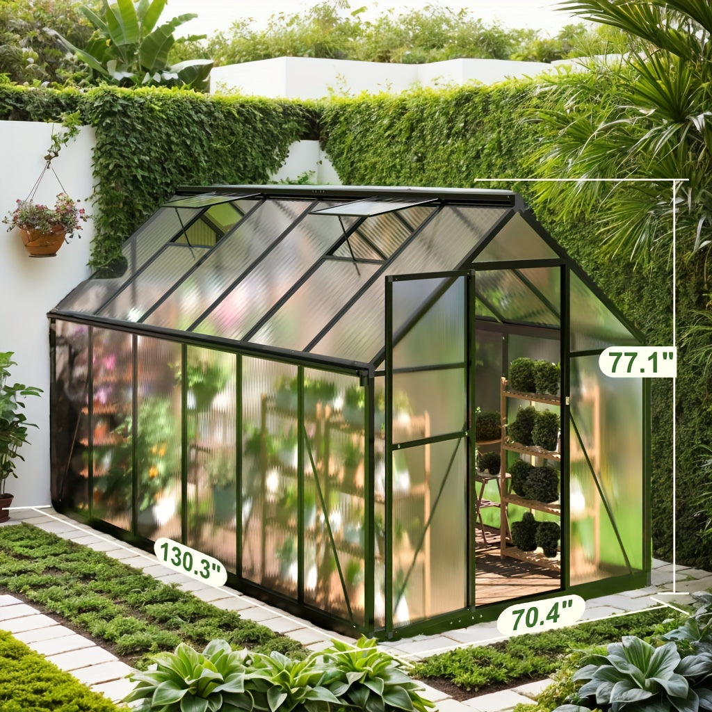 AirWire Heavy-Duty Walk-In Greenhouse with UV-Resistant Polycarbonate Panels & Large Black Aluminum Frame - Easy Assembly, Lockable Door & Roof Vent System, All-Weather Outdoor Garden Greenhouse for Backyard, Balcony, Urban F