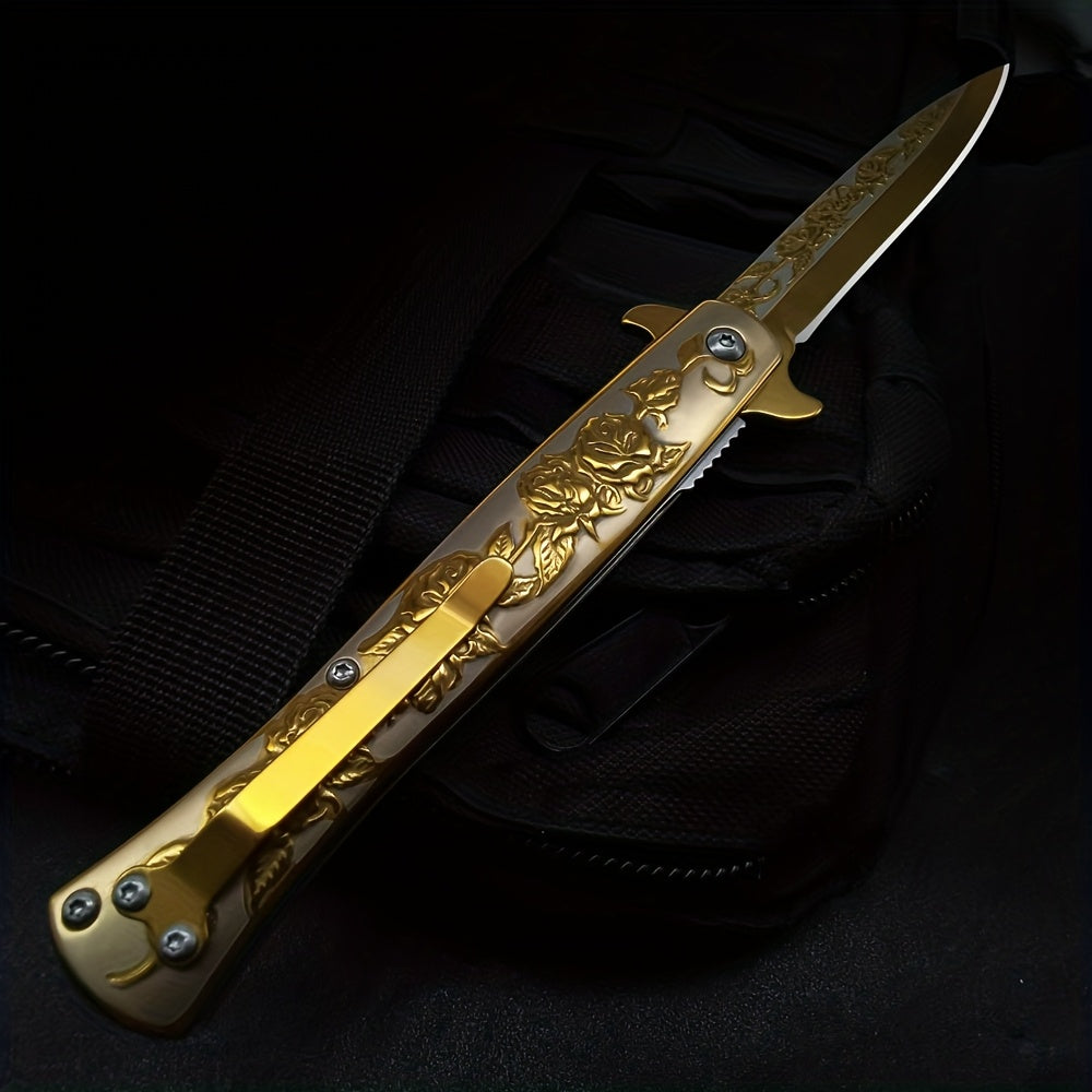 Taumas Golden-Tone Pocket Knife with Rose Engraving, Foldable Design & Back Clip - Perfect Gift for Men