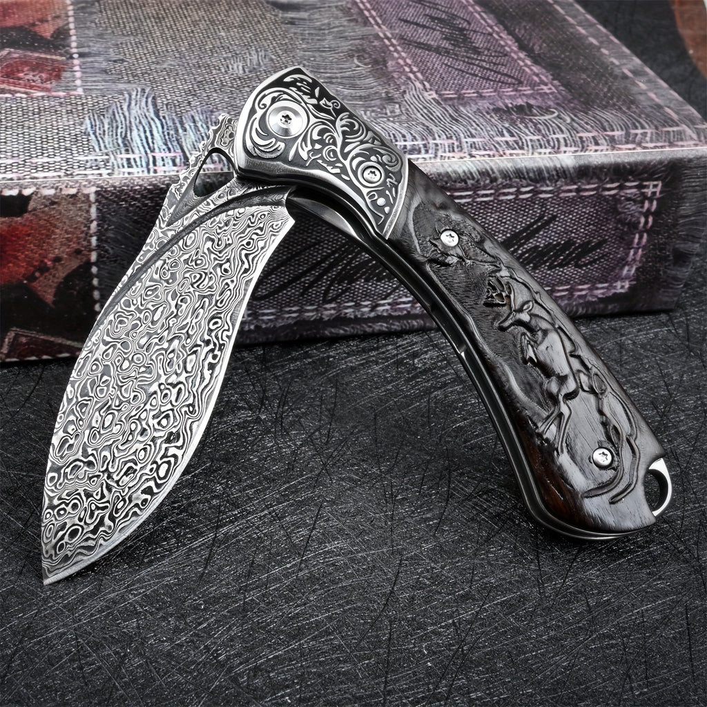 Knives Flipper Folding Damascus Steel Pocket Knife For Men With Leather Cover Outdoor Camping Survival Gear