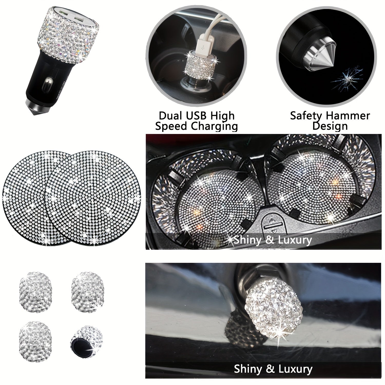 27pcs Bling Car Accessories Set for Women, Bling Steering Wheel Covers Universal Fit 15 Inch, Bling License Plate Frame, Bling Car Phone Holder, Bling Car Coasters, Bling Car Fast Charger, Bling Valve Caps