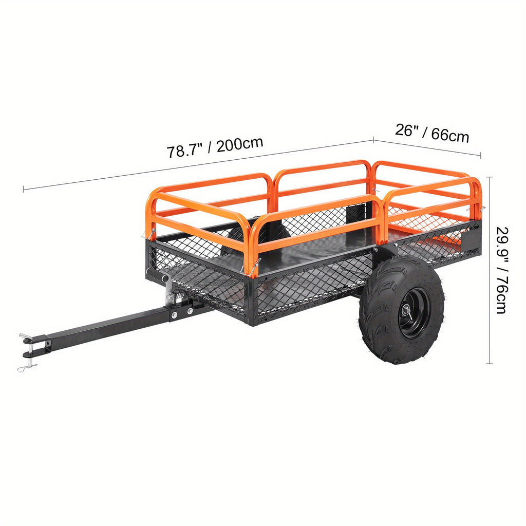Heavy Duty Steel ATV Dump Trailer, 15 Cubic Feet Capacity, Black & Orange Grid Design with Removable Sides and 2 Tires, Compatible with Mowers, Tractors, ATV, UTV - Ideal for Garden and Farm Use, Outdoor Hauling | Functional