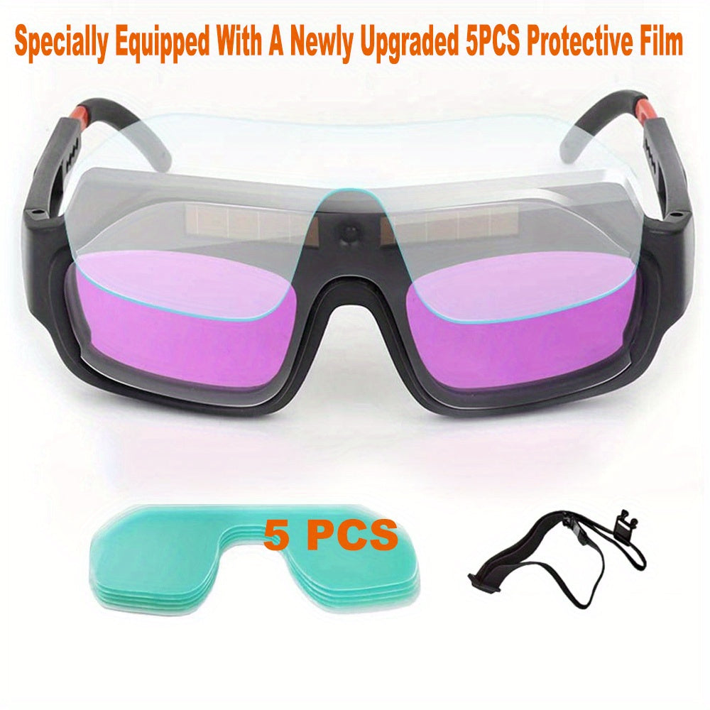 1 Set Automatic Dimming Welding Glasses With 5pcs Protective Film, Solar Powered Auto Darkening Welding Glasses, Welder Glasses For TIG MIG ARC Grinding Plasma, Auto Darkening Anti- Eyes Shield, Storage Box With Cloth, Glasse