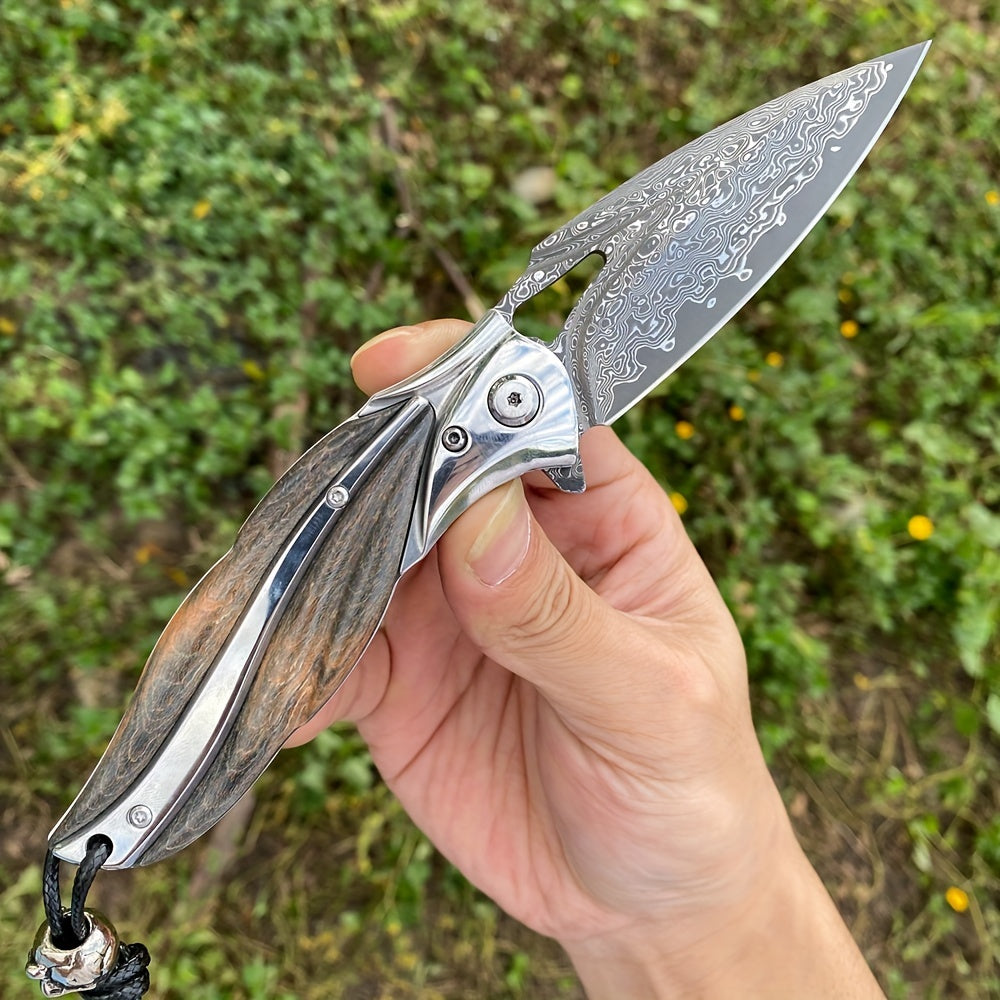 1 Piece, Damascus Steel Folding Pocket Knife, Premium Quality High Hardness Knife With Leather Sheath, Stabilized Cured Wood Handle, EDC Camping And Fishing Knife, Great For Adventure, Outdoor Hiking Tools, Men's Folding Knif