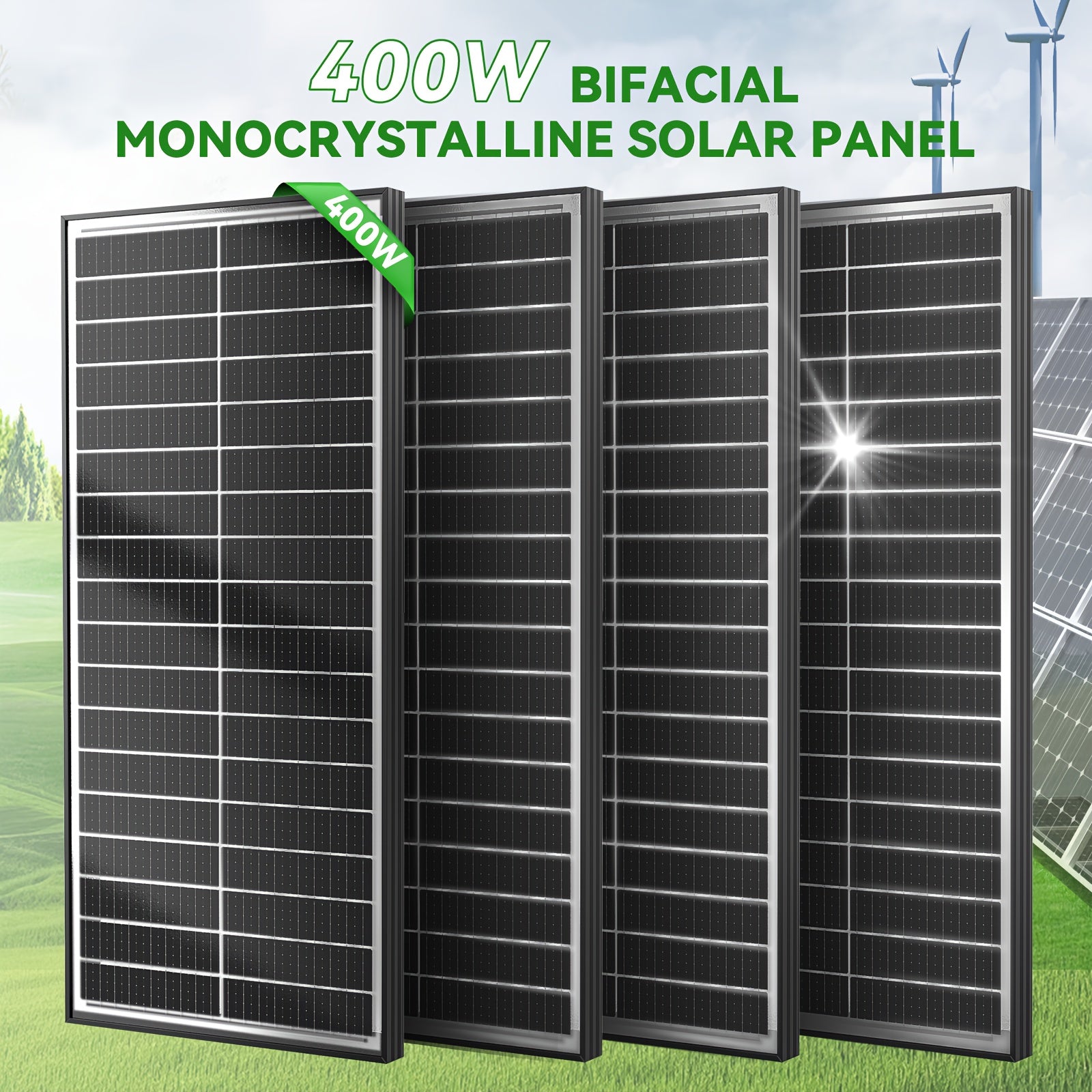 400Watt Bifacial Solar Panels 12V Monocrystalline 4pcs 100W Double Sided Board Solar Systems 25.5% High-Efficiency Module PV Power for Home Rooftop, Camping, Boat, Shed Farm, RV 100W*4