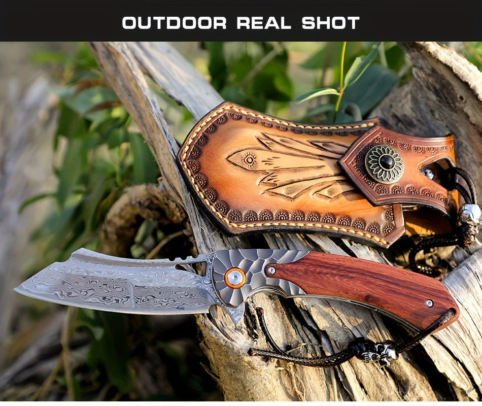 1PC High Quality Handmade Damascus Steel Folding Pocket Knife With Leather Sheath, Pocket Back Clip, Rosewood Handle, Men's EDC Pocket Knife, Outdoor Camping, Mountaineering Adventure, Traveling Fishing Tool Knife