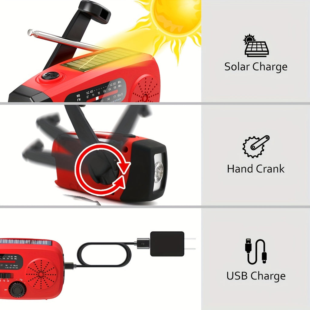 Emergency Radio: Solar-Powered, Power Bank, Hand Crank, AM/FM NOAA Portable Weather Radio, 2000 MAh Mobile Power, USB Charging, Solar, With LED Flashlight, Hurricane, Survival Gear