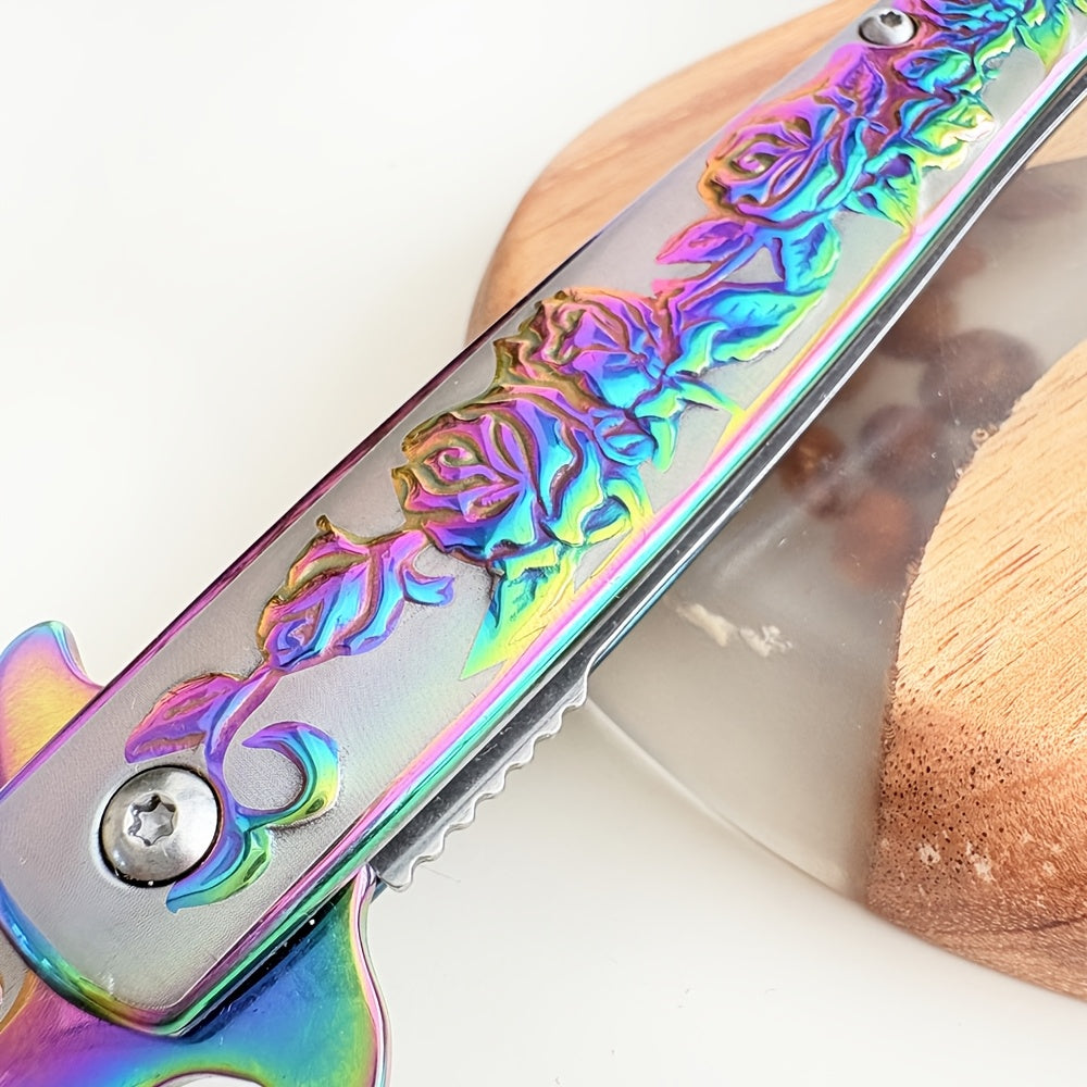 Taumas Golden-Tone Pocket Knife with Rose Engraving, Foldable Design & Back Clip - Perfect Gift for Men