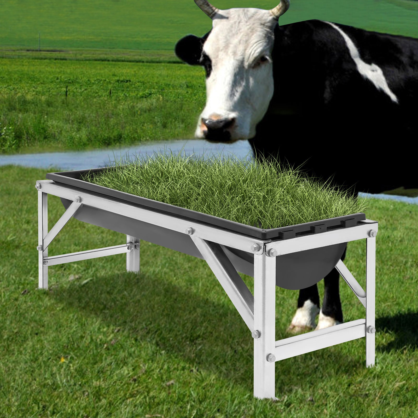 OUKANING 35L/9.25Gal Large Capacity Horse Feeder Water Trough with Stand - Durable Metal Frame, Easy-Clean Design for Calfes, Sheep, Horses, Alpacas & Goats - Farm Livestock Feeding & Hydration, Horse Feeder, Sturdy Construct