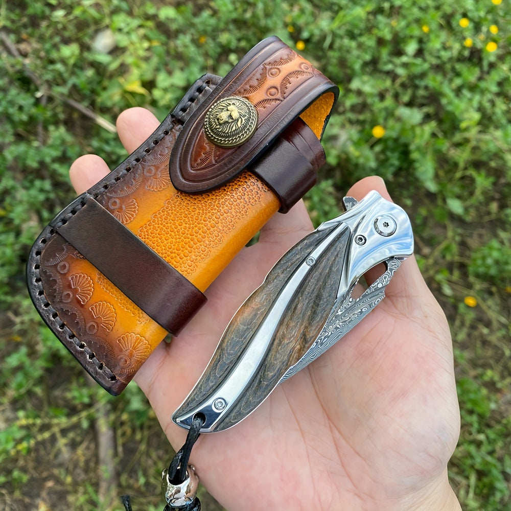 1 Piece, Damascus Steel Folding Pocket Knife, Premium Quality High Hardness Knife With Leather Sheath, Stabilized Cured Wood Handle, EDC Camping And Fishing Knife, Great For Adventure, Outdoor Hiking Tools, Men's Folding Knif