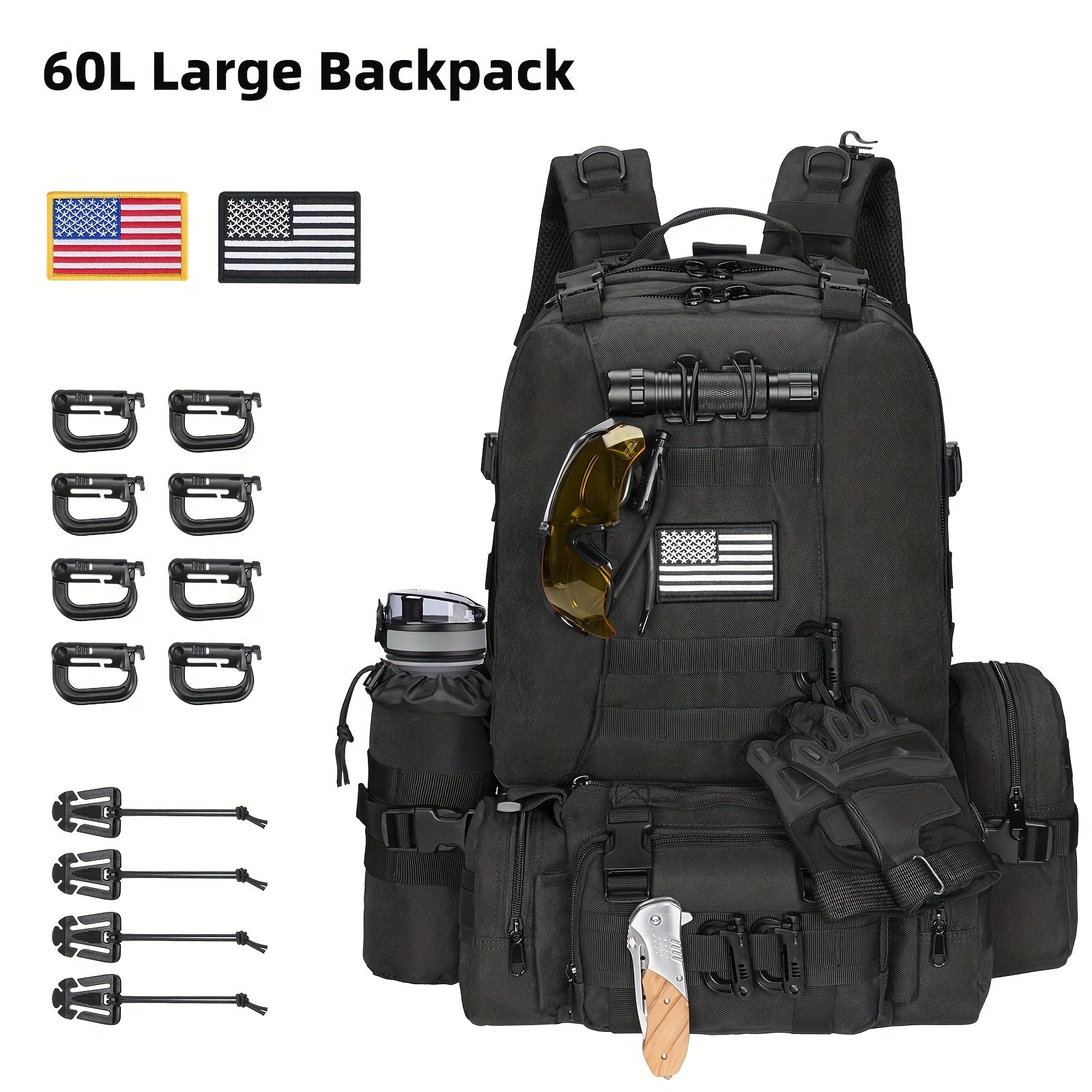 EZshoot 15.85gal Large Outdoor Backpack - High Quality & Scratch-Resistant 900D Oxford, Detachable Hydration Pouch & Crossbody Bag, MOLLE Webbing System with 8 Carabiners & 4 D-Rings, Adjustable Padded Straps for Hunting, Cam