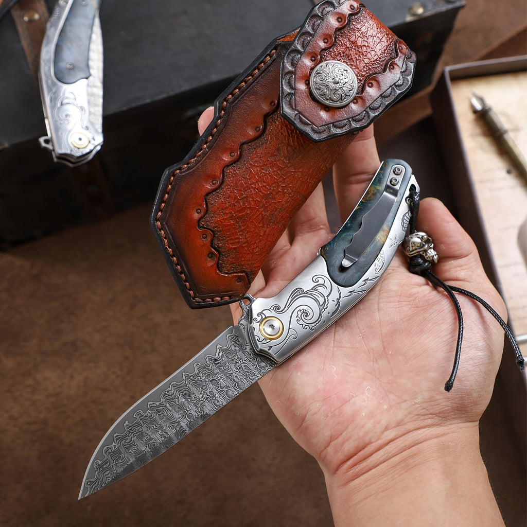 High Quality Men'S Folding Pocket Knife, 3.6 Inch Damascus Steel Folding Knife With Cowhide Sheath, Sea Wave Engraving Pattern, Stabilized Wood Handle With Pocket Clip, Suitable For Camping And Hiking, EDC Expedition Fishing