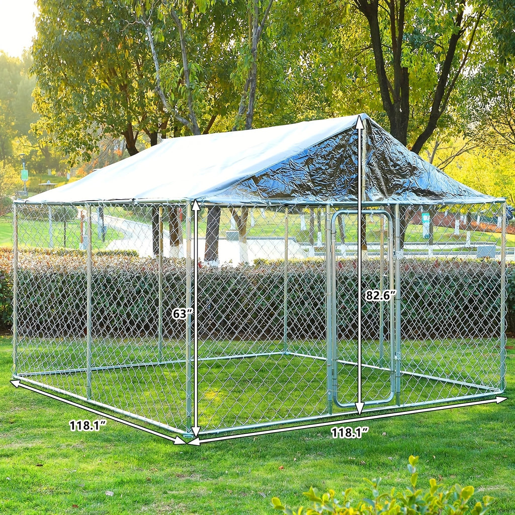 Dog Kennel Outdoor Large Dog House Outside with Waterproof Canopy, Heavy Duty Dog Playpen Galvanized Anti-Rust Dog Cage for Farm Backyard Garden (118'' L x 118'' W x 83'' H)