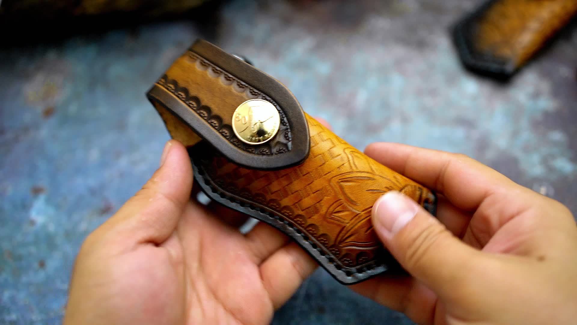 1PCS Damascus Steel Folding Pocket Knife - High-Carbon VG10 Steel Core Blade, RoseWood Handle, Leather Sheath, Compact EDC Tool for Outdoor Camping and Hiking Adventures