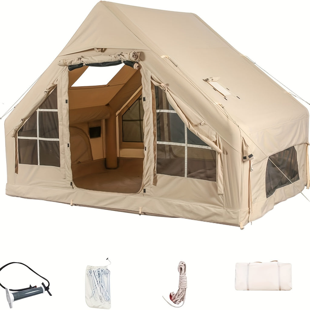 Inflatable Camping Tents With Hand Pump, Air Glamping Tents, Easy Setup Waterproofand Windproof Blow Up Tent, 4 Seasons Oxford Cabin Tent With Mesh & Chimney Window