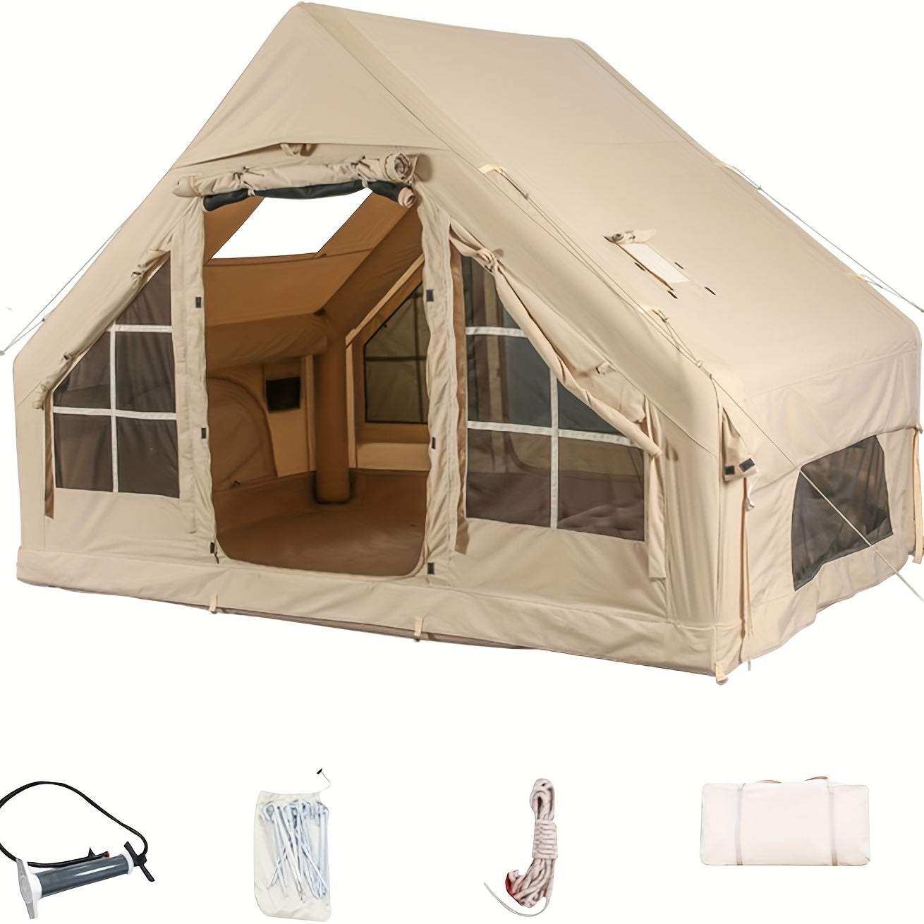 Inflatable Camping Tents With Hand Pump, Air Glamping Tents, Easy Setup Waterproofand Windproof Blow Up Tent, 4 Seasons Oxford Cabin Tent With Mesh & Chimney Window