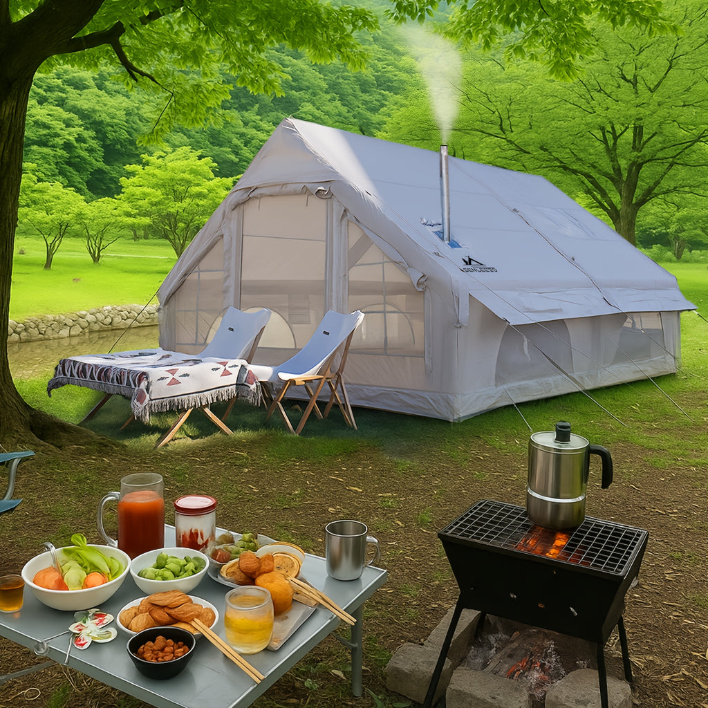 8-10 Person Inflatable Camping Tents, 129 SqFt Large Air Tent, Winter Blow Up Tent with Stove Pipe Port, 4-Season Glamping Tent with Large Mesh Windows& Zipper Closure, for Couples, Group And Family