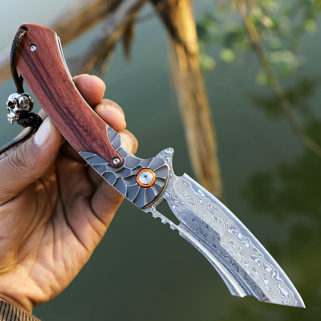 1PC High Quality Handmade Damascus Steel Folding Pocket Knife With Leather Sheath, Pocket Back Clip, Rosewood Handle, Men's EDC Pocket Knife, Outdoor Camping, Mountaineering Adventure, Traveling Fishing Tool Knife