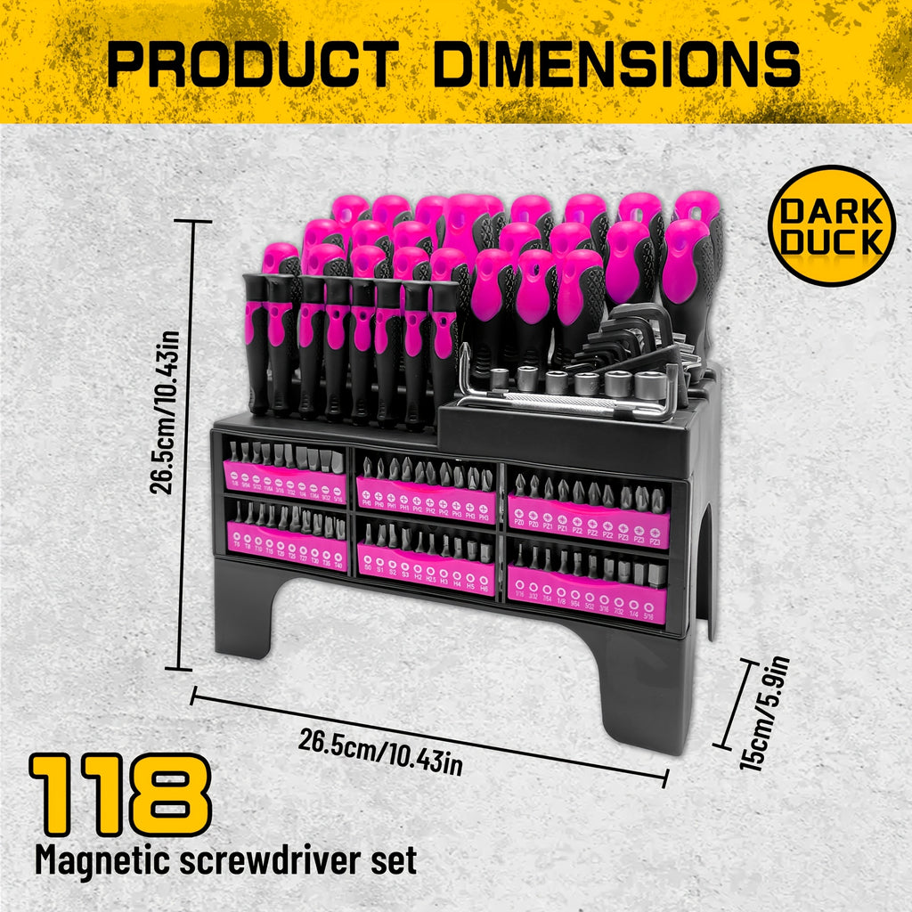 118pcs Magnetic Screwdriver Set with Plastic Rack And Magnetic Tool Bowl, Chrome Vanadium Steel, Multi-size for Electronics And Precision Work, Non-Slip Rubber Handles, Durable Metal Construction (Rose Red)