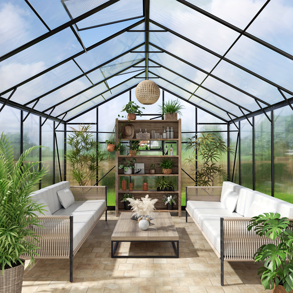 AirWire Heavy-Duty Walk-In Greenhouse with UV-Resistant Polycarbonate Panels & Large Black Aluminum Frame - Easy Assembly, Lockable Door & Roof Vent System, All-Weather Outdoor Garden Greenhouse for Backyard, Balcony, Urban F