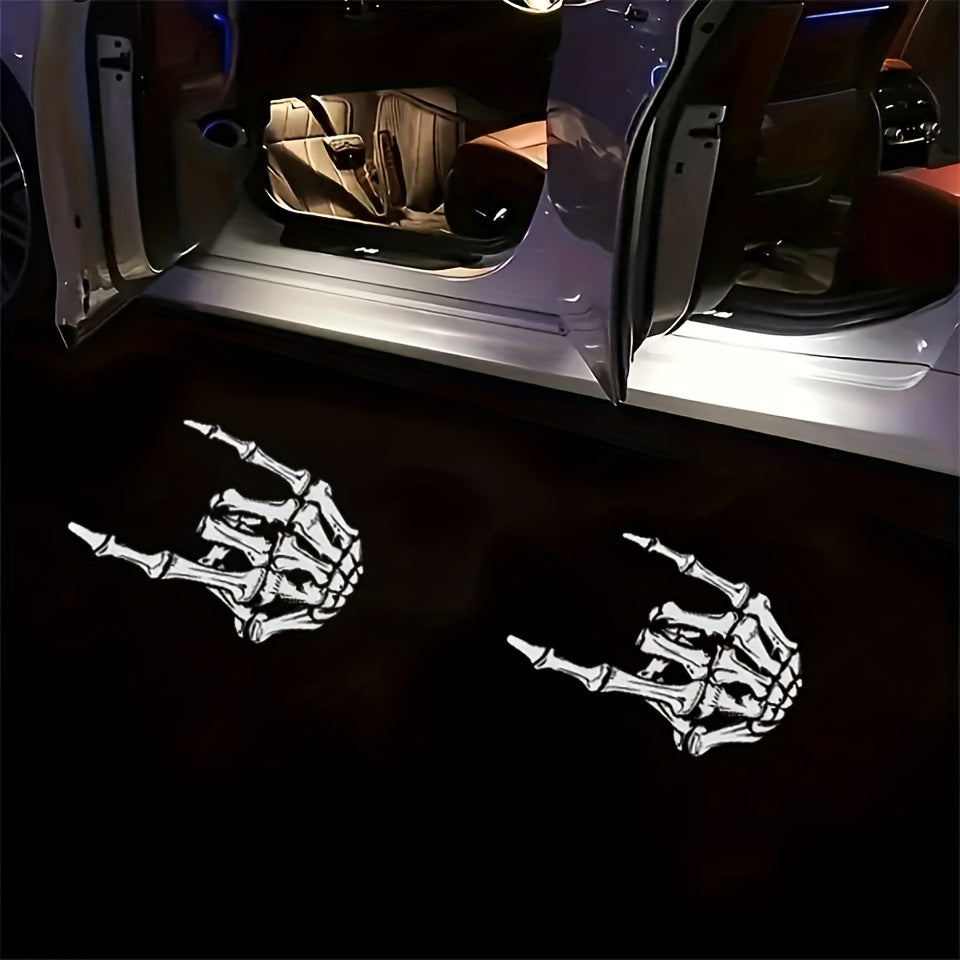 Arm Skull Finger Pattern Car Door Welcome Projector LED Shadow Light, Arm Skull Finger Car Accessories, Arm Skull Finger Gifts, Skull Skeleton Bone Middle Finger, Car Welcome Lights, Christmas Car Decoration, Suitable for All