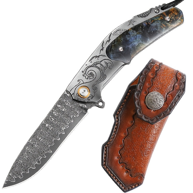 High Quality Men'S Folding Pocket Knife, 3.6 Inch Damascus Steel Folding Knife With Cowhide Sheath, Sea Wave Engraving Pattern, Stabilized Wood Handle With Pocket Clip, Suitable For Camping And Hiking, EDC Expedition Fishing