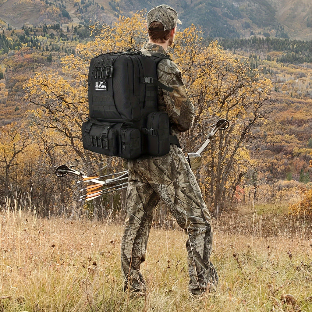 EZshoot 15.85gal Large Outdoor Backpack - High Quality & Scratch-Resistant 900D Oxford, Detachable Hydration Pouch & Crossbody Bag, MOLLE Webbing System with 8 Carabiners & 4 D-Rings, Adjustable Padded Straps for Hunting, Cam