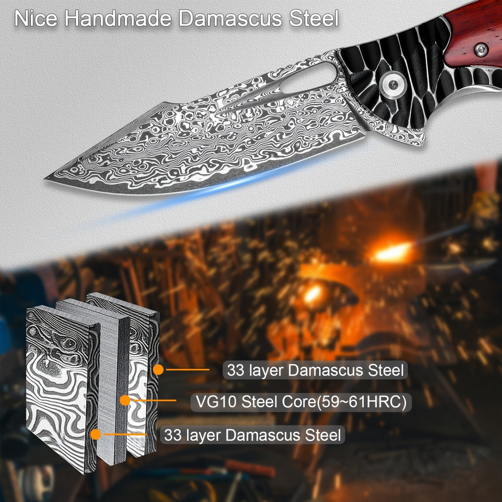 1PCS Damascus Steel Folding Pocket Knife - High-Carbon VG10 Steel Core Blade, RoseWood Handle, Leather Sheath, Compact EDC Tool for Outdoor Camping and Hiking Adventures
