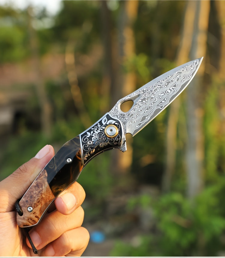 Elite Damascus Steel Pocket Knife - High-Carbon, Razor-Sharp, Ergonomic Maple Handle, Premium Sheath, Ultimate Camping, Survival, Mountaineering, Hiking, Fishing, EDC Companion for Men and Women