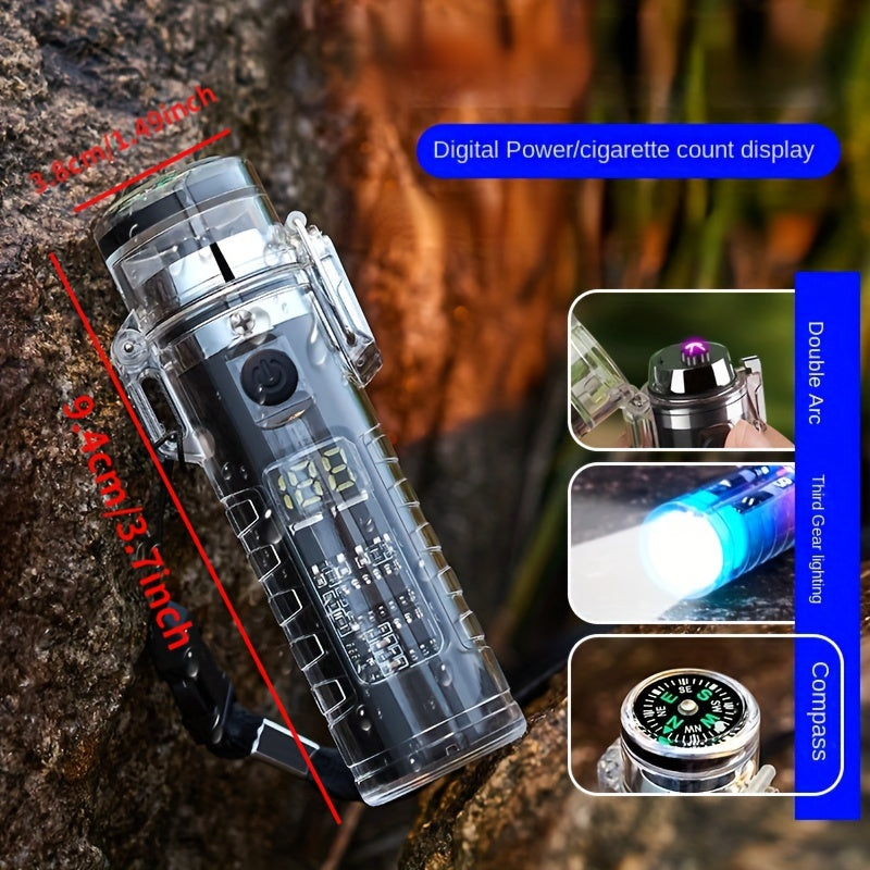 Rechargeable Electric Lighter - LED Intelligent Compass, Double Arc Flameless Fire, USB Powered, Portable, Water-Resistant, LED Flashlight, Exquisite Gift for Outdoor Enthusiasts, Men and Women, Perfect for Survival, Camping,