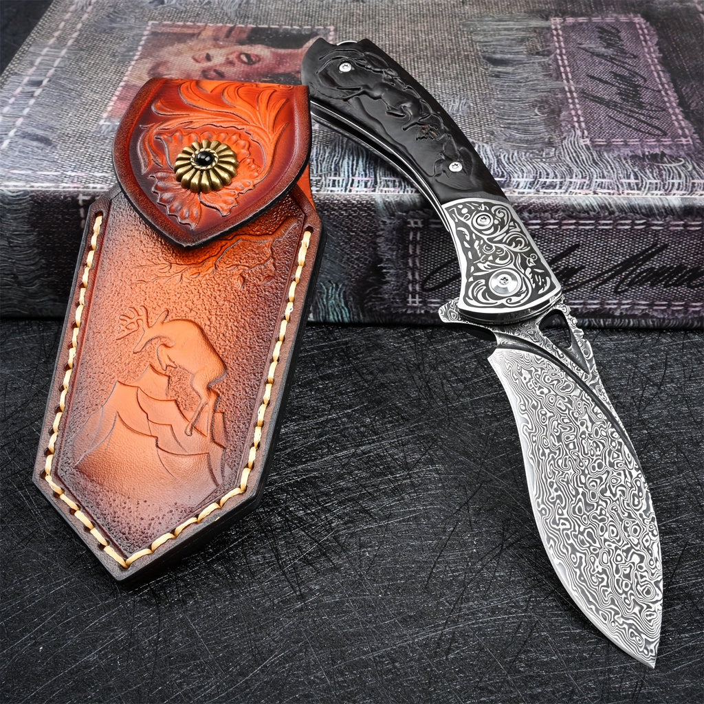 Knives Flipper Folding Damascus Steel Pocket Knife For Men With Leather Cover Outdoor Camping Survival Gear