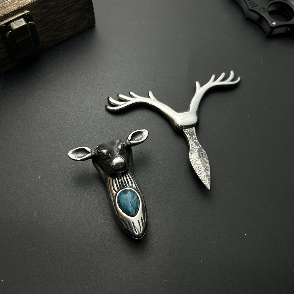 Damascus Steel 316 Stainless Steel Tea Knife Coffee Synthetic Crystal Longhorn Christmas Pendant Necklace Clasp, Paper Cutter, Box Opener Pocket Knife EDC